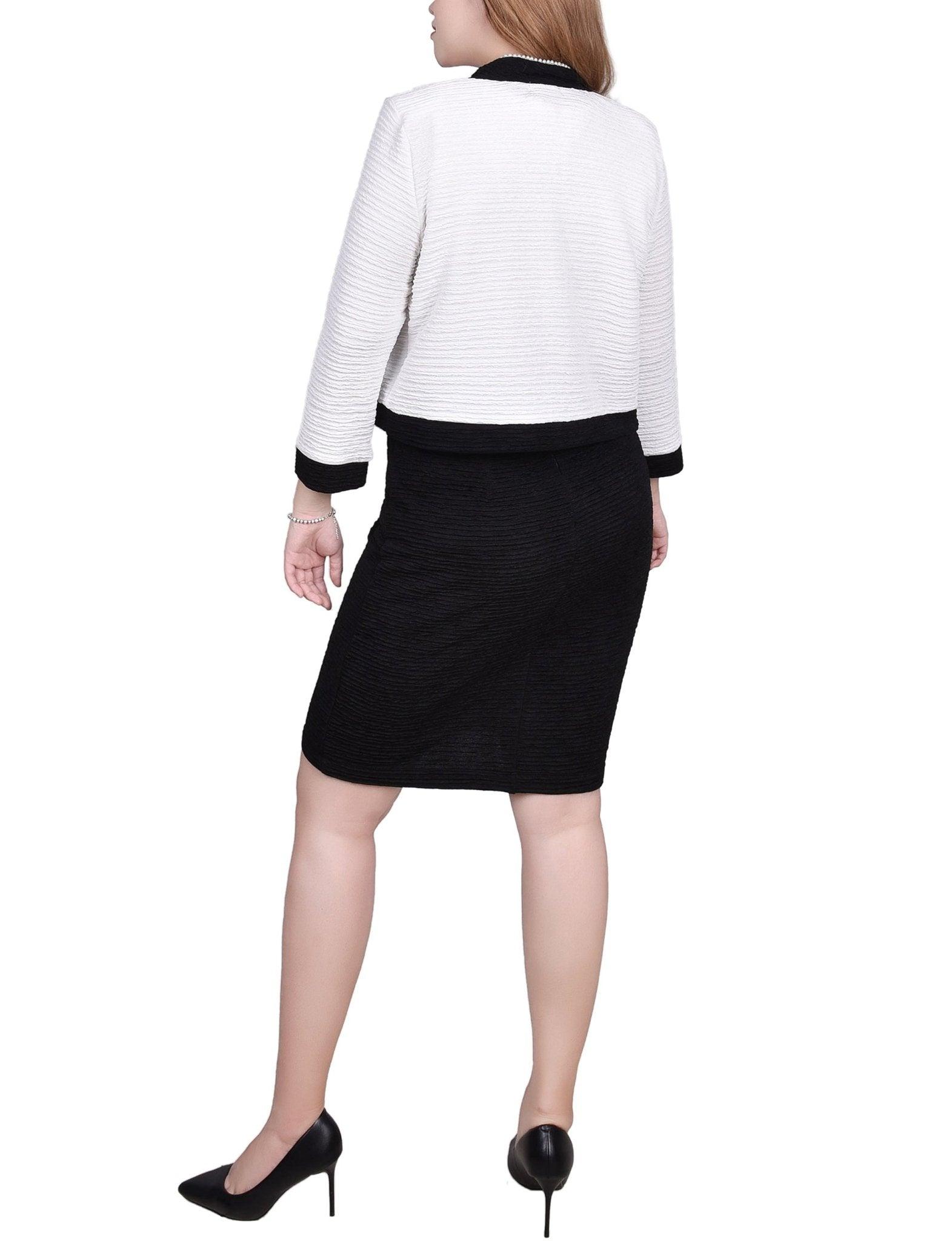 Black White 3/4 Sleeve Textured Knit 2 Piece Dress Set - Petite Product Image