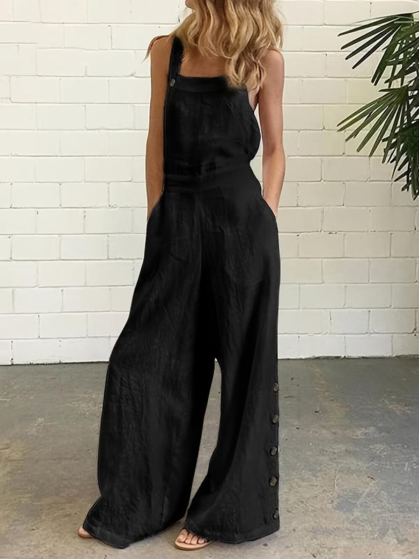 High Waisted Loose Buttoned Pockets Solid Color Spaghetti-Neck Overalls Product Image
