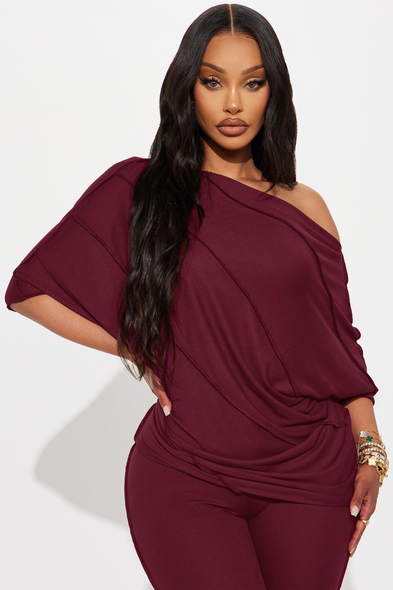 Becca Off Shoulder Ribbed Pant Set - Burgundy Female Product Image