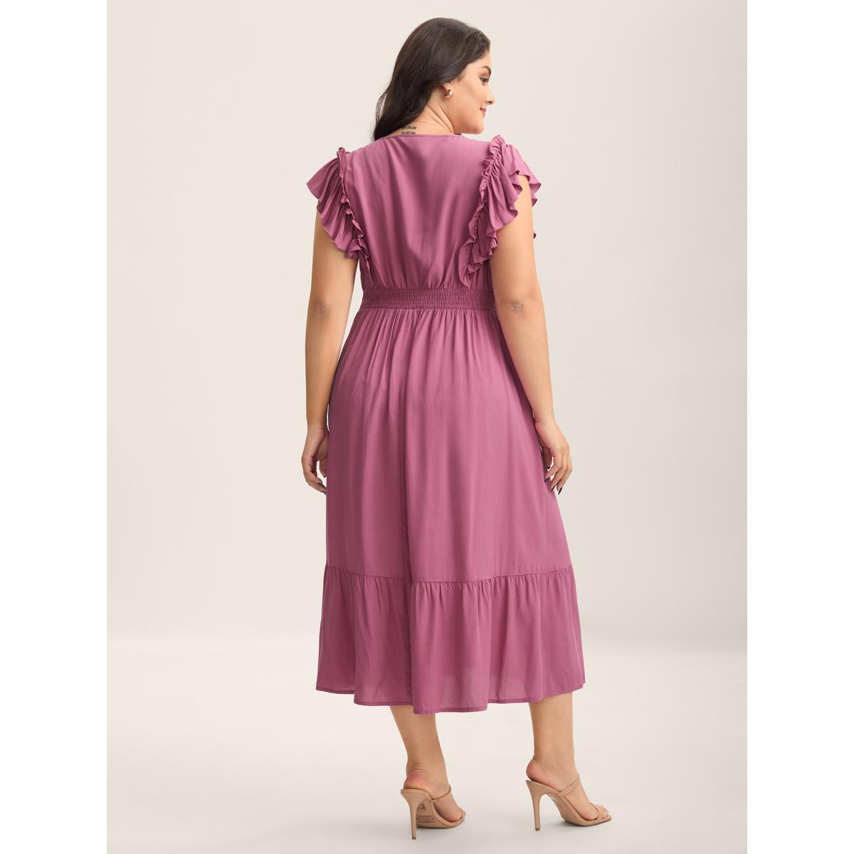 Plus Size Rayon Ruffled Shirred Waist Solid Midi Dress Peach Women Overlap Collar Cap Sleeve Curvy BloomChic 26/4X Product Image