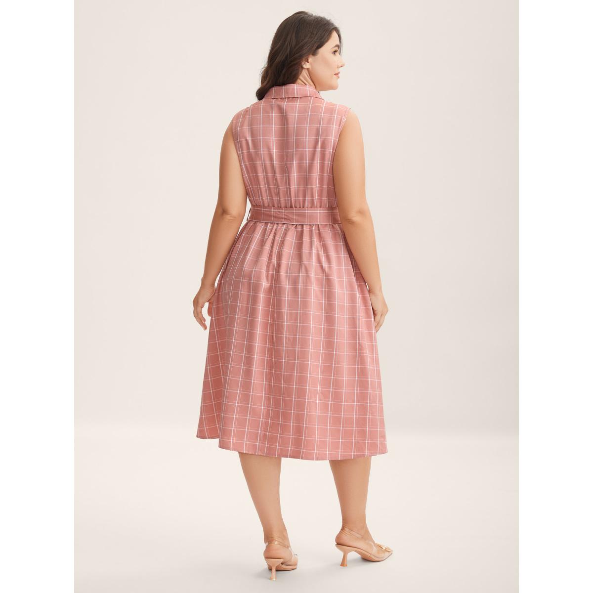 Plus Size Plaid Belted Pockets Shirt Dress Watermelon Women Suit Collar Sleeveless Curvy BloomChic 22-24/3X Product Image