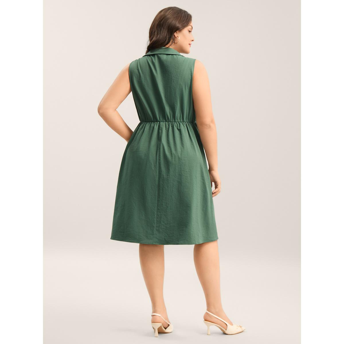 Plus Size Ruched Cinched-Waist Shirt Dress Emerald Women Shirt collar Sleeveless Curvy BloomChic 28/5X Product Image