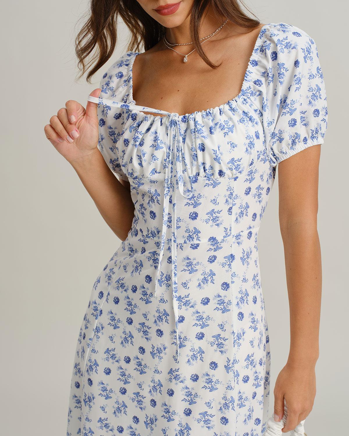 Blue Floral Square Neck Ruched Midi Dress Product Image