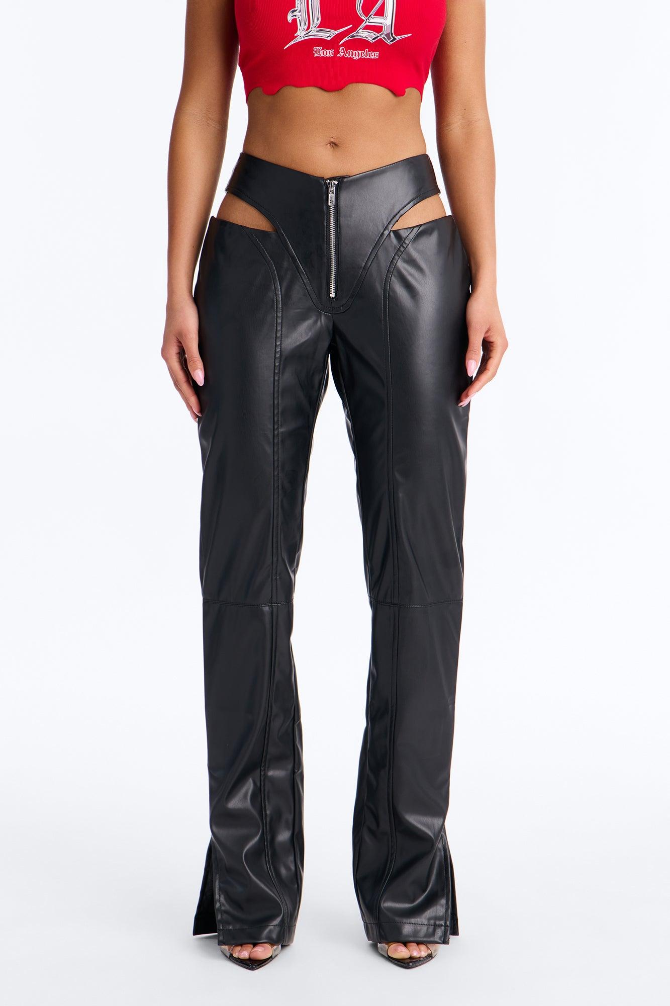 Midnight Rush Low Rise Faux Leather Cut Out Pant 33″ - Black Female Product Image