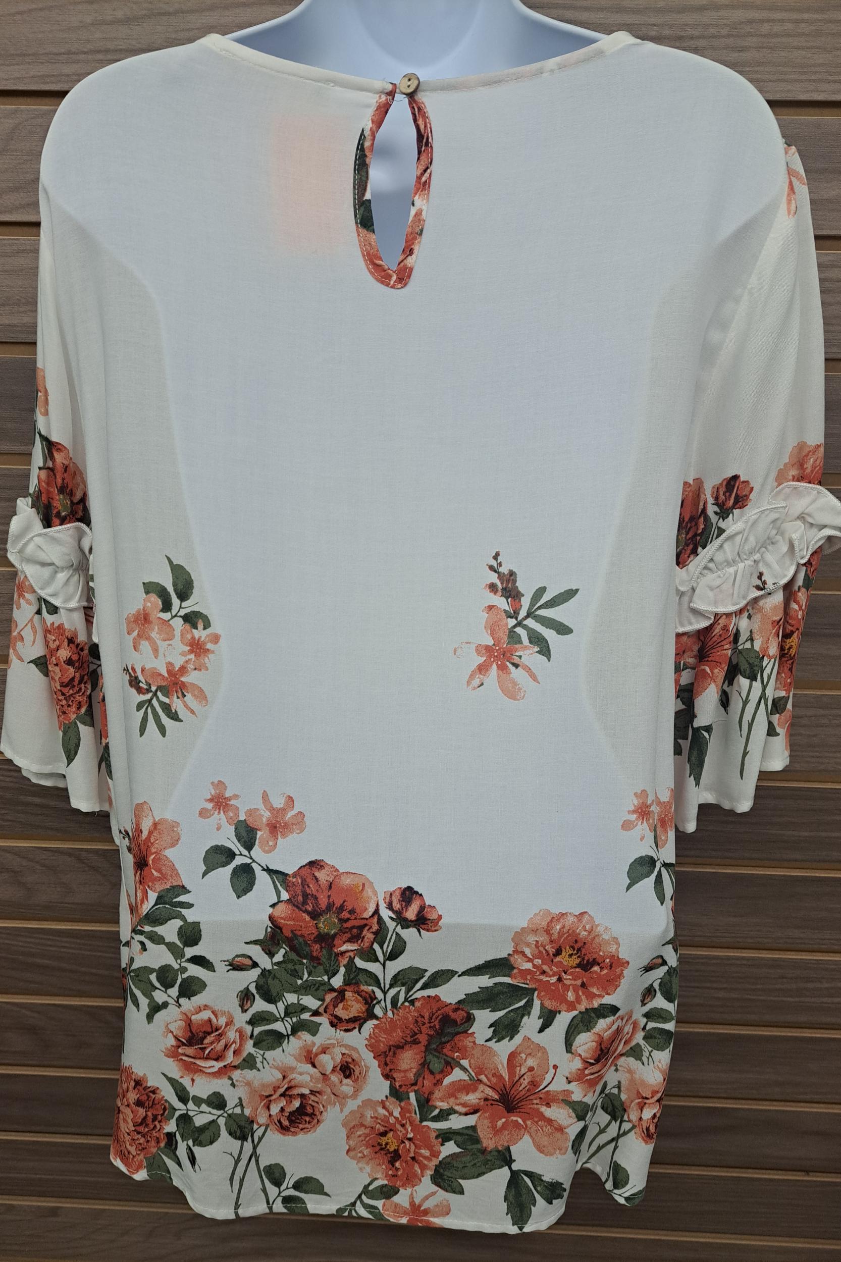 Cream floral ruffle sleeve single button back Product Image