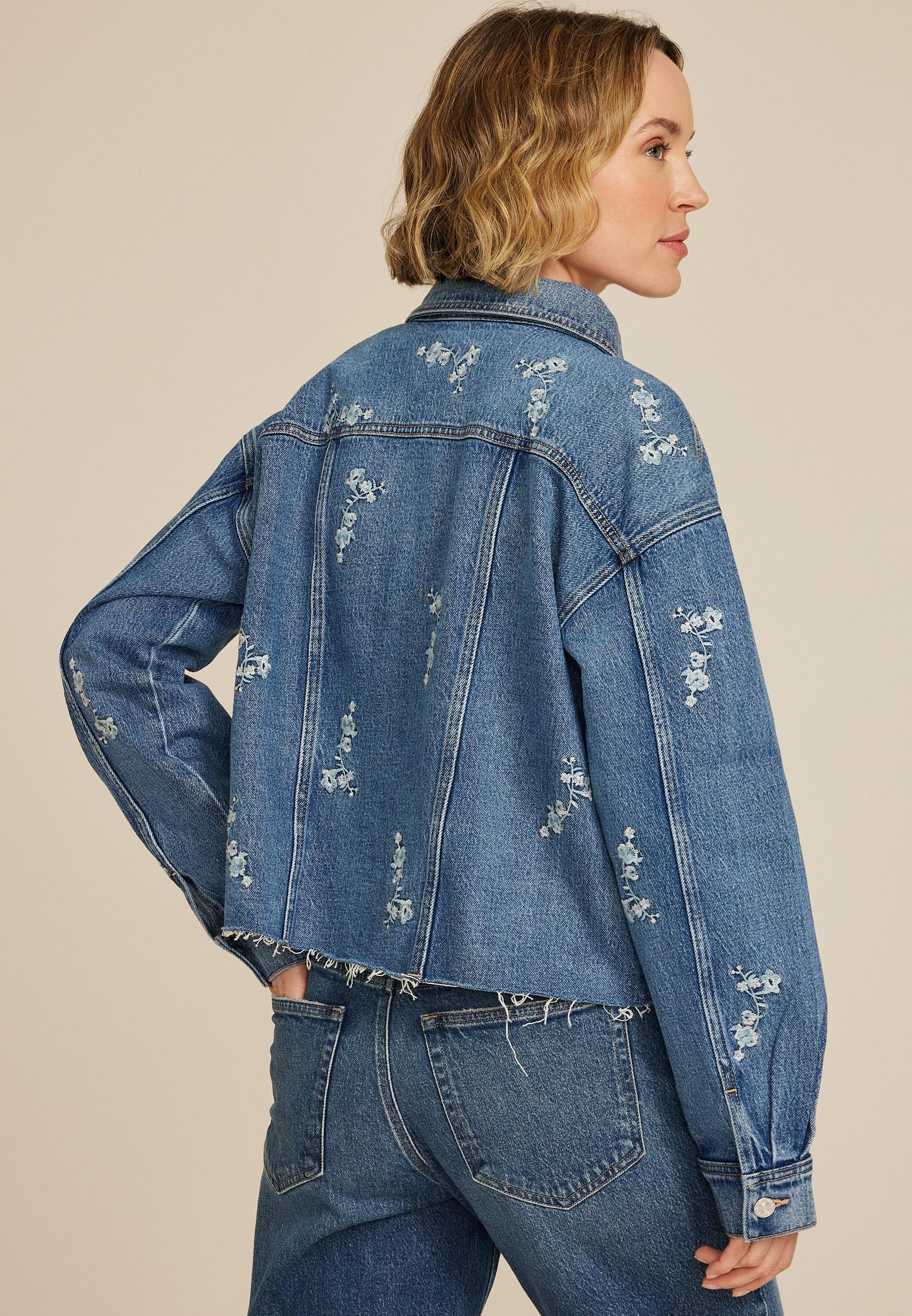 Embroidered Floral Cropped Denim Jacket Product Image