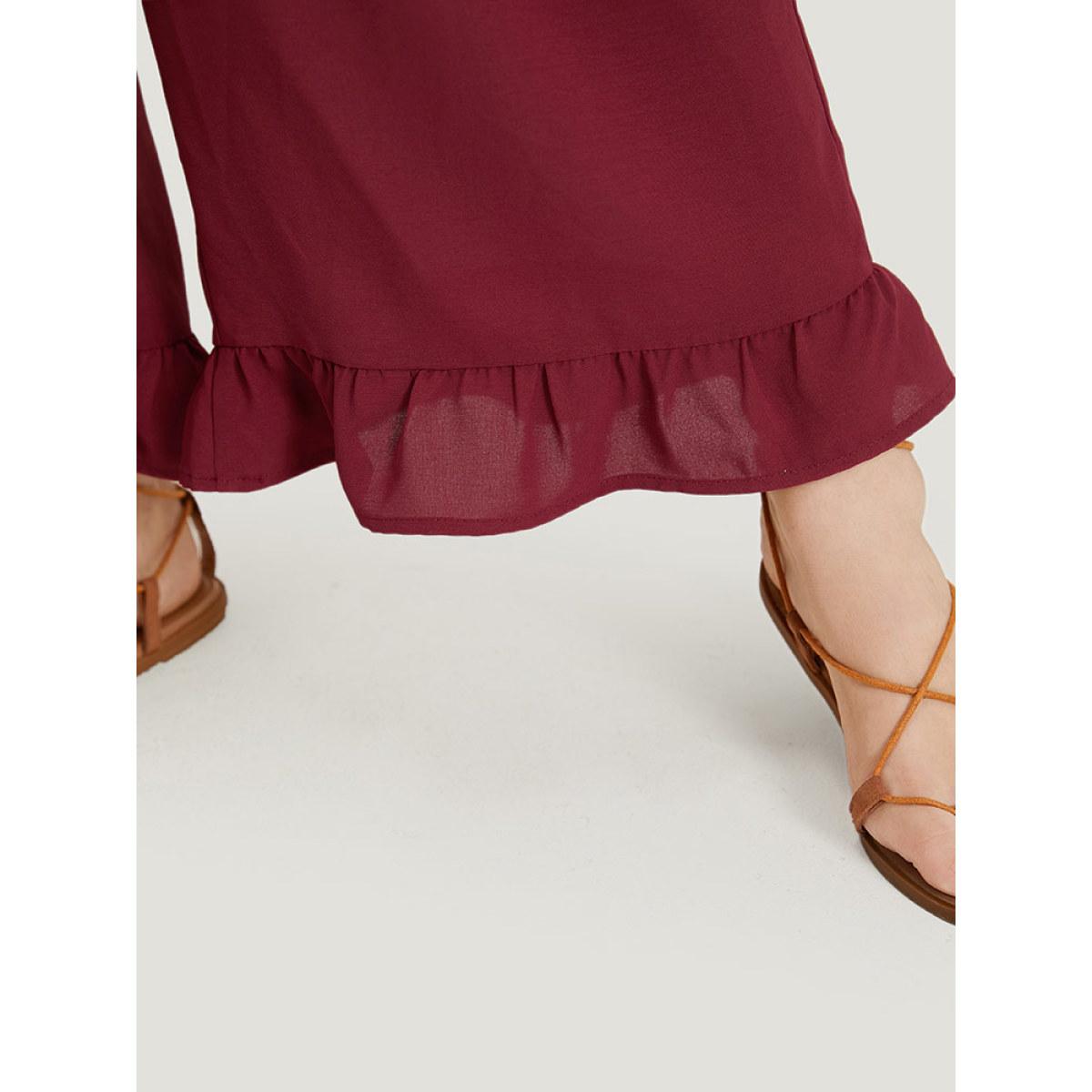 Plus Size Burgundy Plain Ruffle Cap Sleeve V Neck Zipper Jumpsuit Women Casual Cap Sleeve V-neck Dailywear Loose Jumpsuits BloomChic 18-20/2X Product Image