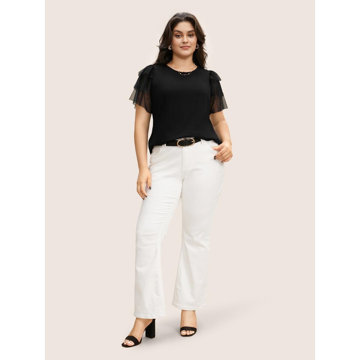 Plus Size Crew Neck Tiered Mesh Patchwork T-shirt Black Women Elegant See through Round Neck Everyday T-shirts BloomChic 12/L Product Image