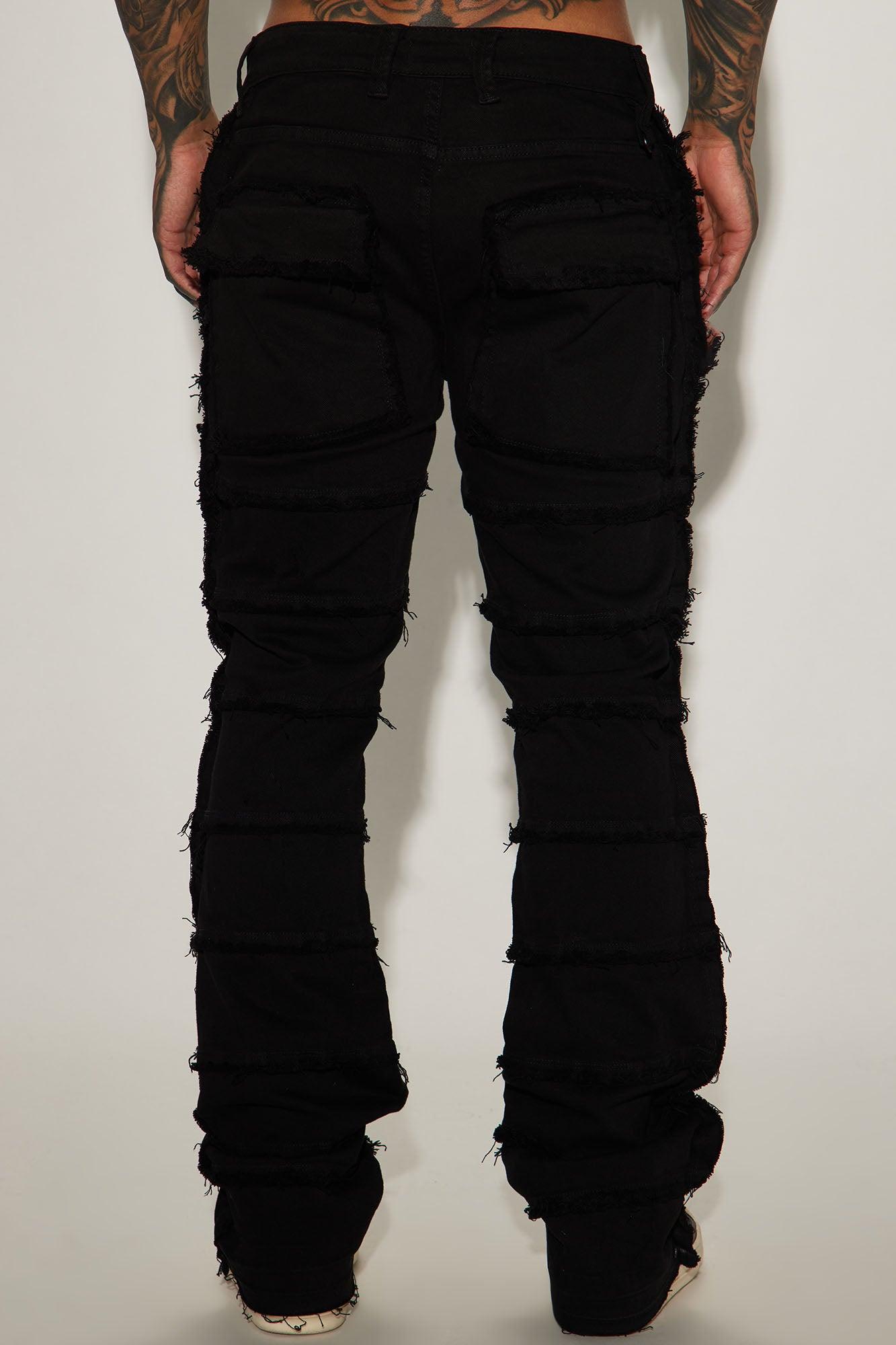 Square Pockets Fray Stacked Skinny Flare Pants - Black Product Image