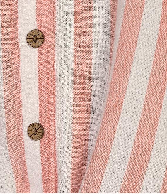 Multiples Petite Size Yarn-Dye Stripe Point Collar Long Roll-Tab Sleeve Button-Front Shirt Product Image