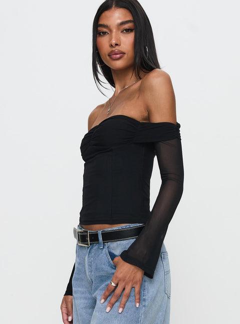 Saelan Off Shoulder Long Sleeve Top Black Product Image