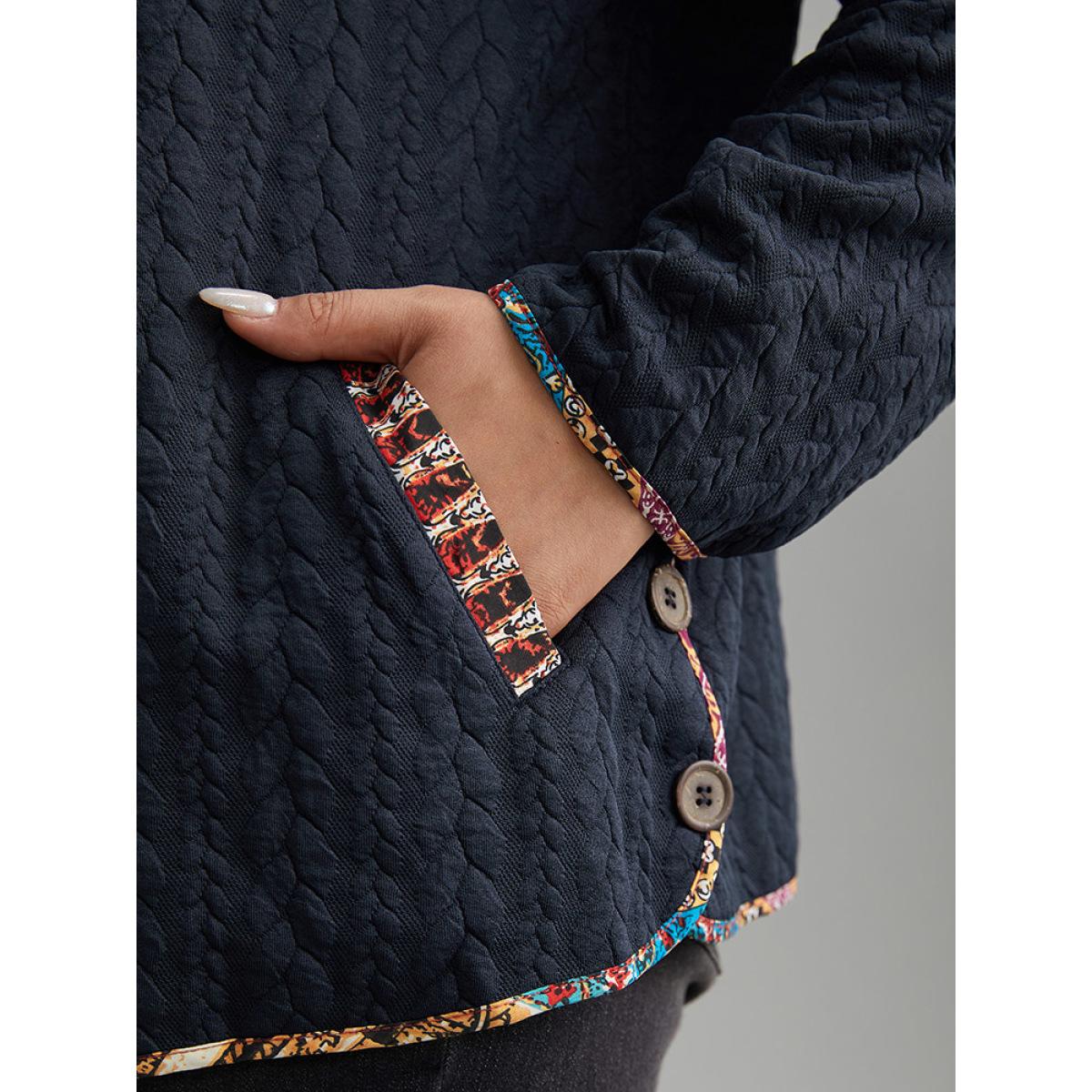 Plus Size Texture Pocket Patchwork Button Detail Jacket Women DarkBlue Texture Pocket Everyday Jackets BloomChic 14-16/1X Product Image