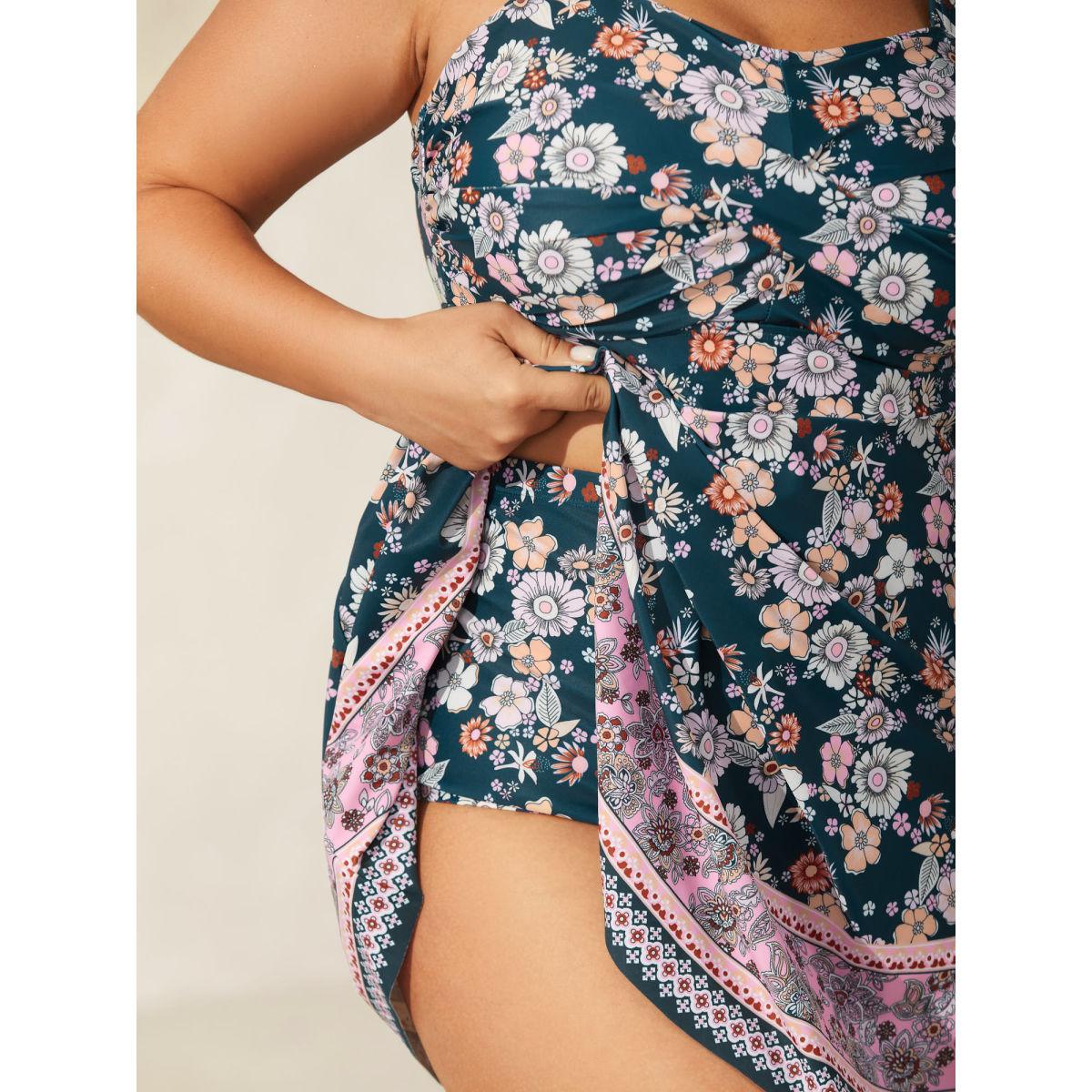 Plus Size Twist Front Floral Print Swim Dress Women's Swimwear Cyan Resort Bodycon Heart neckline High stretch Curve Swim Dresses BloomChic 28/5X Product Image