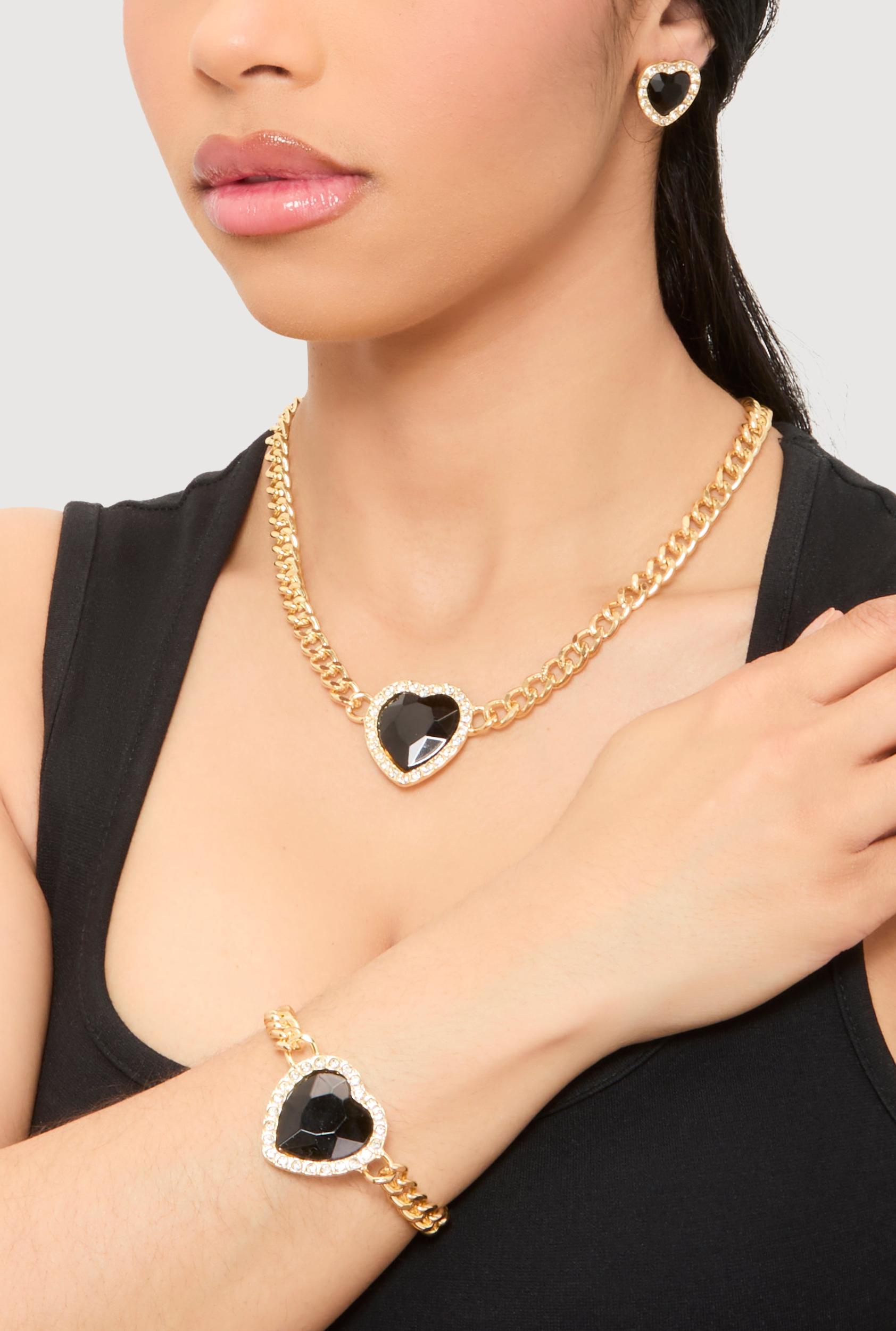 Cubic Zirconia Heart Charm Necklace and Bracelet with Stud Earrings Unisex Product Image