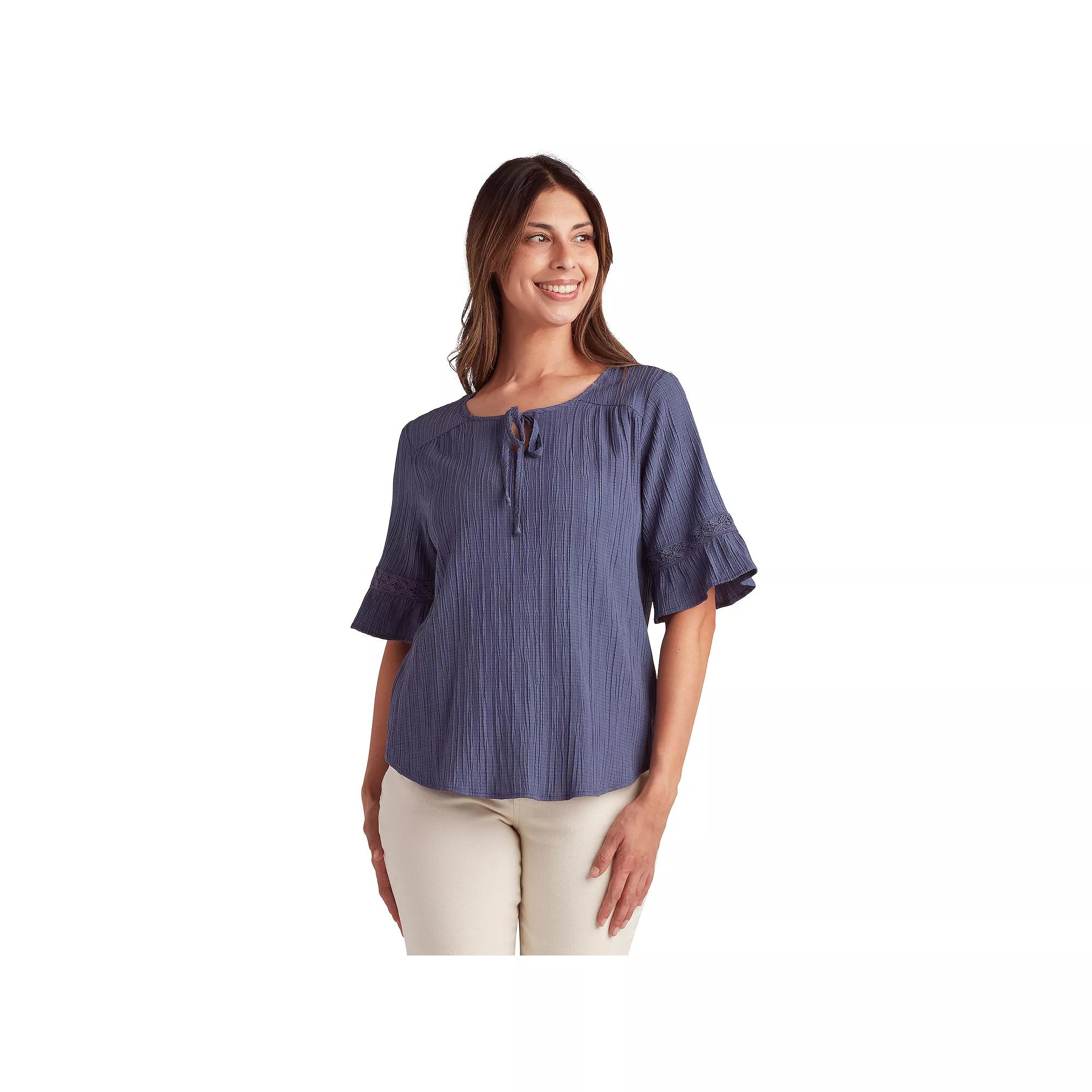 Womens AB Studio Elbow Sleeve With Tie Neck Top Blue Product Image