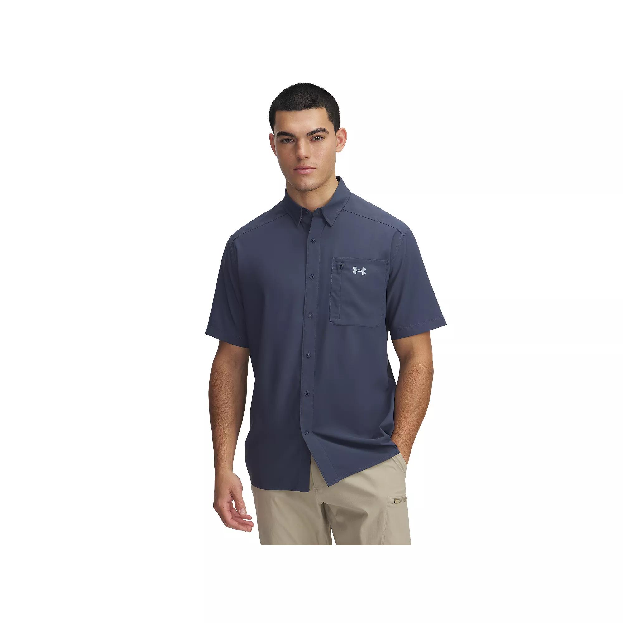 Men's Under Armour UPF 30 Drift Tide 2.0 Fitted Performance Short Sleeve Button-Down Shirt, Size: Medium, Downpour Gray Product Image