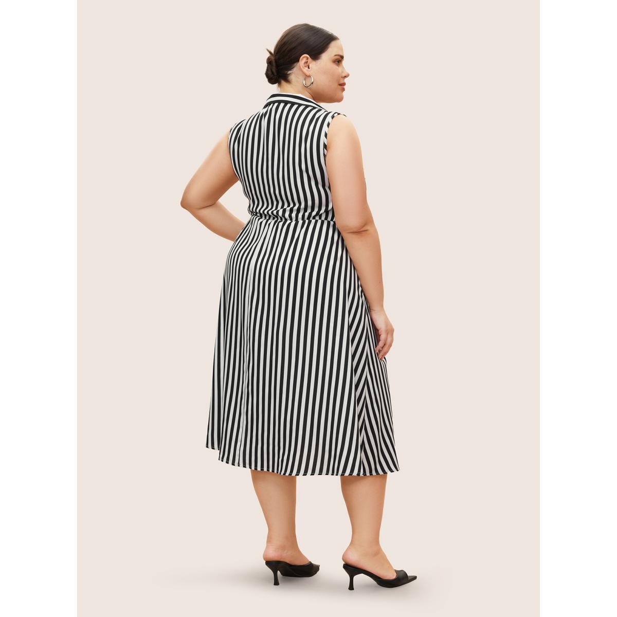 Plus Size Striped Shirt Collar Sleeveless Tie Dress Black Women At the Office Shirt collar Sleeveless Curvy BloomChic 28/5X Product Image