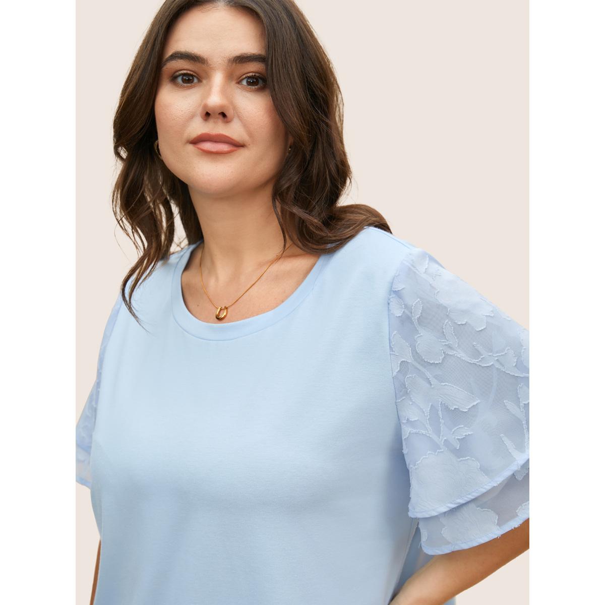 Plus Size Mesh Patchwork Tiered Ruffle Sleeve T-shirt LightBlue Women Elegant Patchwork Round Neck Everyday T-shirts BloomChic 12/L Product Image