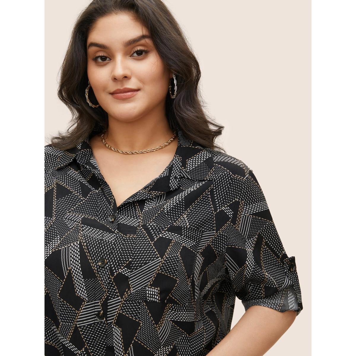 Plus Size Black Shirt Collar Geometric Tab Sleeve Blouse Women At the Office Elbow-length sleeve Shirt collar Work Blouses BloomChic 12/L Product Image