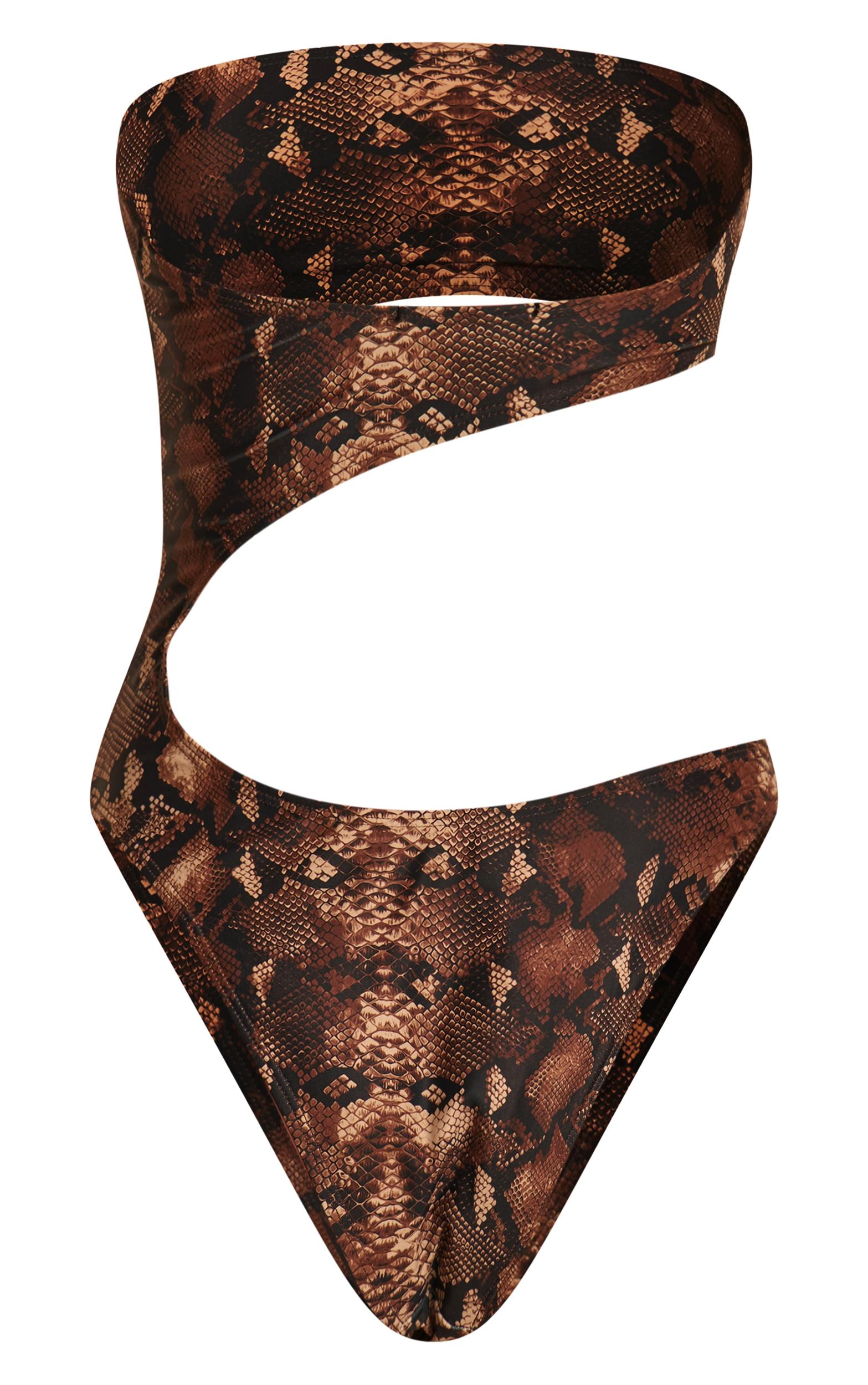 Brown Snake Print Bandeau Cut Out Swimsuit Product Image