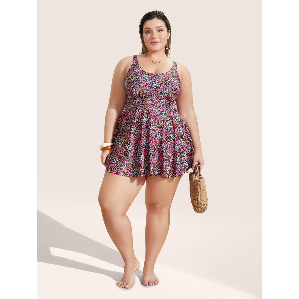 Plus Size Ditsy Floral U Neck High Rise Swim Dress Women's Swimwear Multicolor Beach Bodycon U-neck High stretch Curve Swim Dresses BloomChic 22-24/3X Product Image