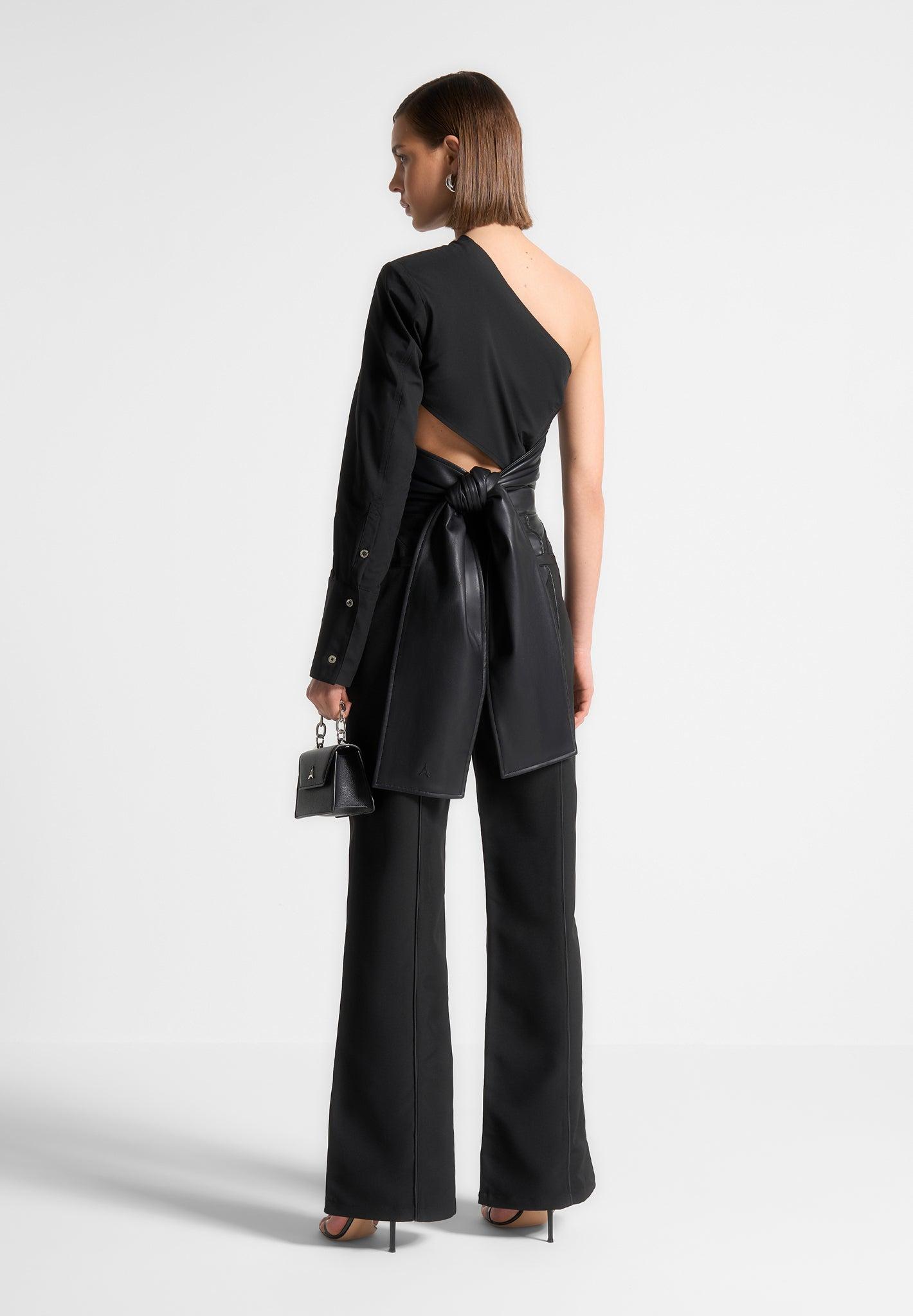 Coralie - One Sleeve Leather Wrap Top - Black Female Product Image