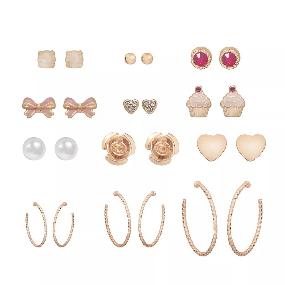 LC Lauren Conrad Rose Gold Tone Crystal & Simulated Pearl Cupcake Earrings 12-pack Set, Women's, Pink Product Image