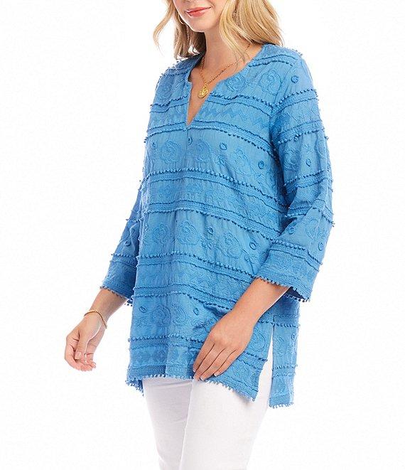 Karen Kane Embroidered Split-Neck 3/4 Flare Sleeve Tunic Product Image