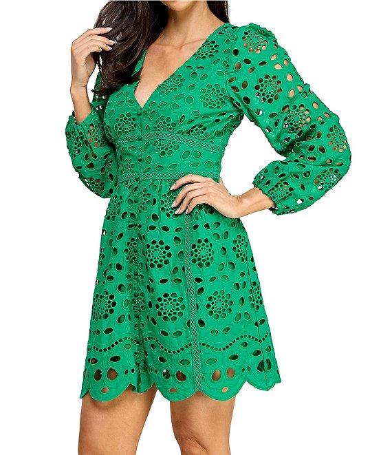 Layered With Love Kris Cotton Eyelet Knit V-Neck Long Sleeve Trim Detail Fit & Flare Dress Product Image