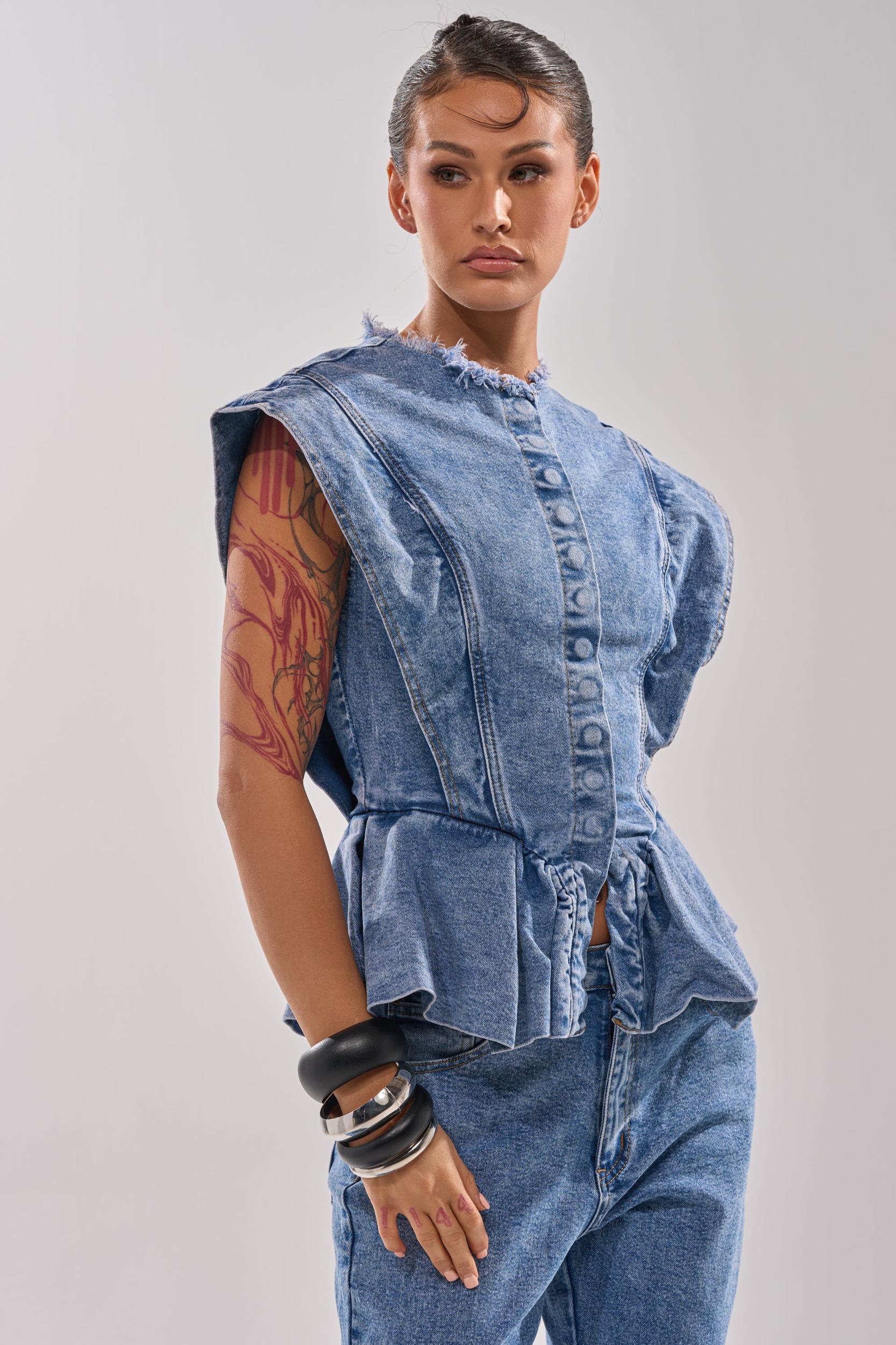 DONT PLAY WITH MY HEART DENIM BLOUSE Product Image