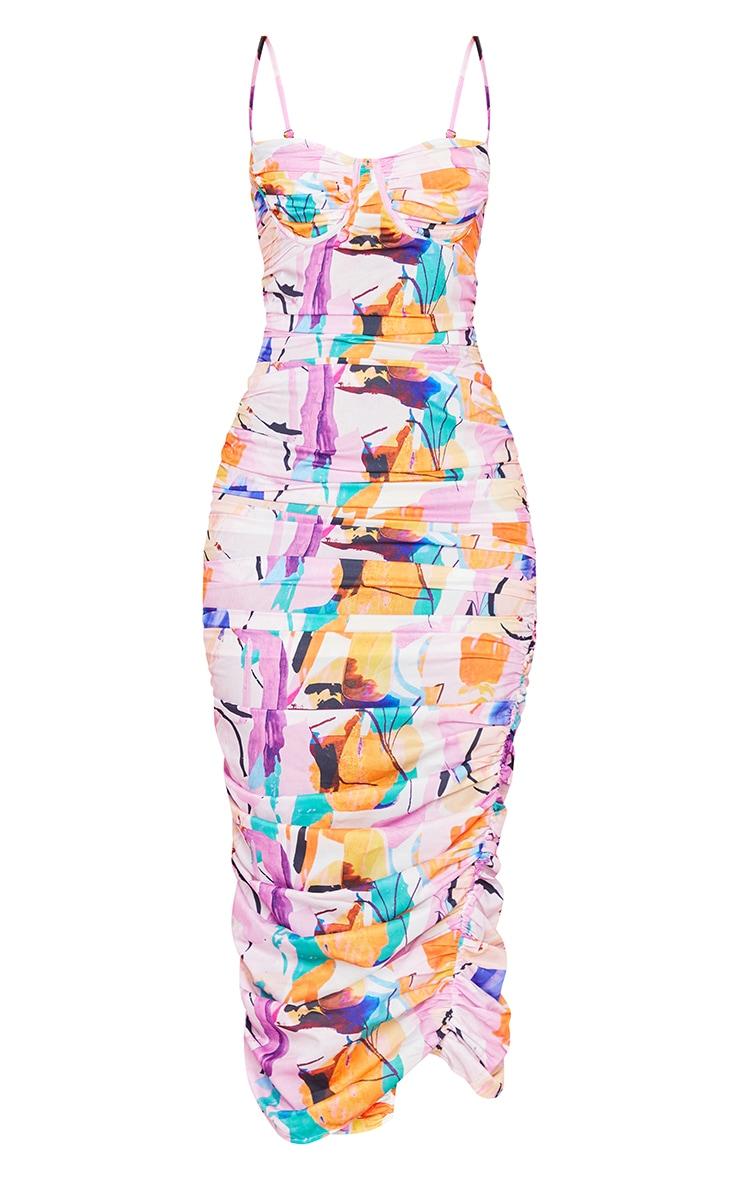 Multi Abstract Print Asymmetric Detail Ruched Midaxi Dress Product Image