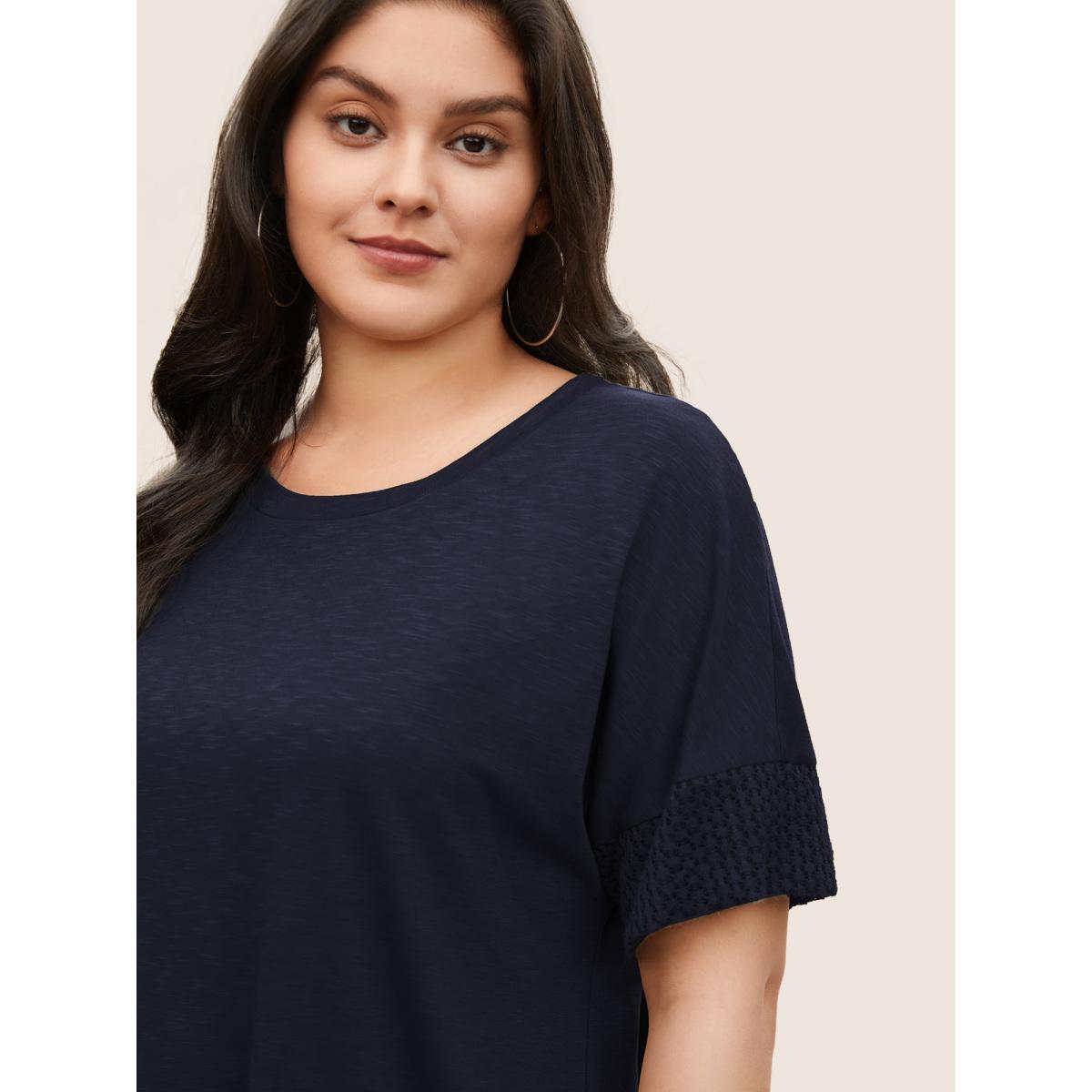 Plus Size Solid Lace Insert Batwing Sleeve T-shirt Midnight Women Casual Texture Plain Round Neck Everyday T-shirts BloomChic 18-20/2X Product Image