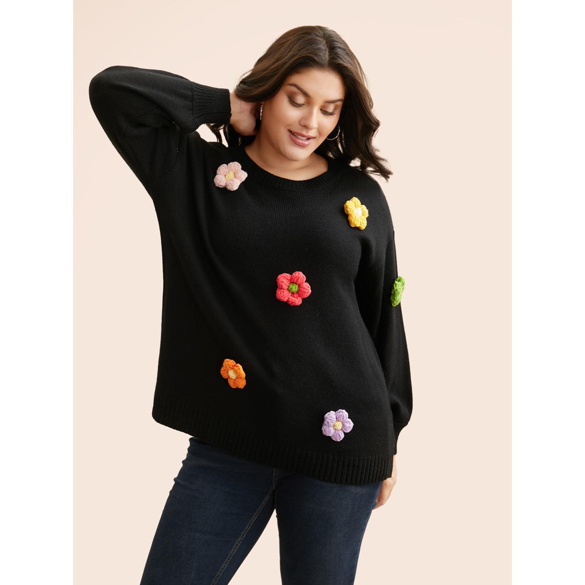 Plus Size Crochet Floral Drop Shoulder Sleeve Pullover Black Women Casual Long Sleeve Round Neck Everyday Pullovers BloomChic 18-20/2X Product Image