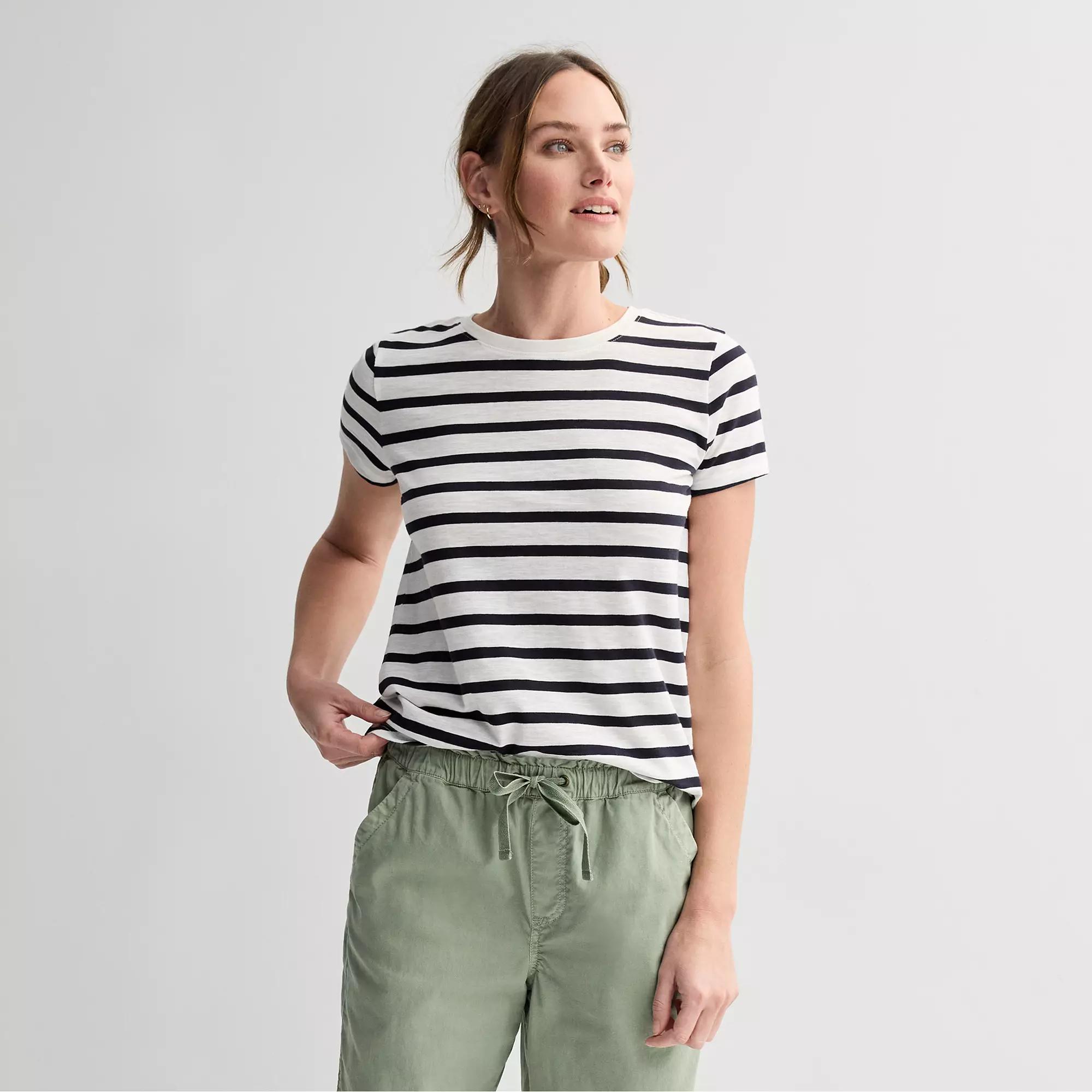 Petite Sonoma Goods For Life® Everyday Short Sleeve Crewneck Tee, Women's, Size: Large Petite, White Gray Stripe Product Image