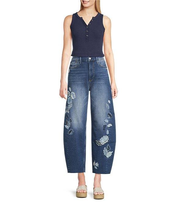 Driftwood Parker Stretch Denim Floral Foliage Embroidered Wide Leg Jeans Product Image
