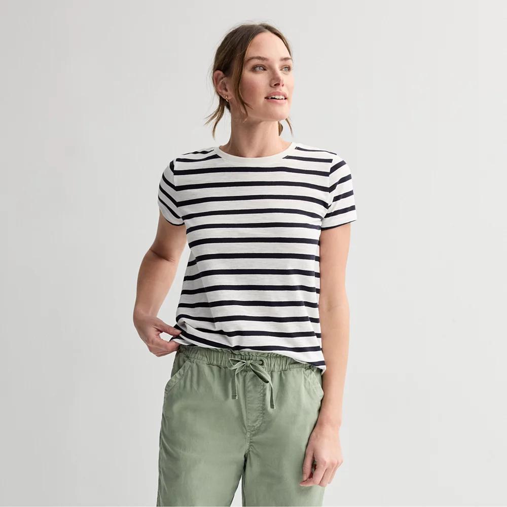 Petite Sonoma Goods For Life® Everyday Short Sleeve Crewneck Tee, Women's, Size: Large Petite, White Gray Stripe Product Image