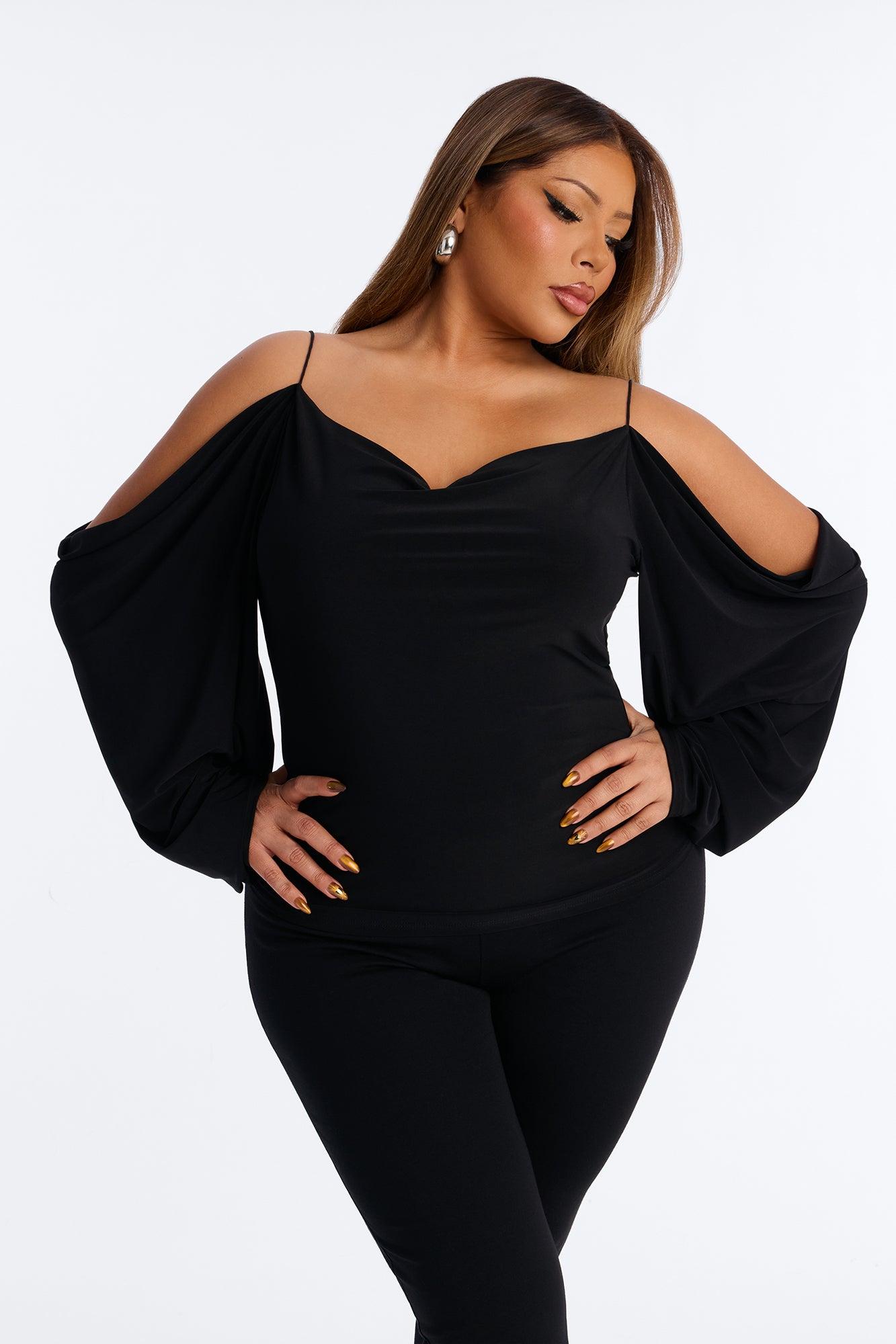 Aiko Cold Shoulder Long Sleeve Drape Top - Black Female Product Image