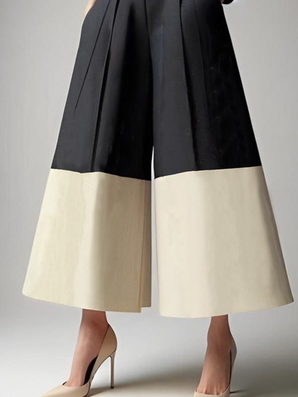 High Waisted Loose Contrast Color No Belt Pleated Pockets Pants Trousers Product Image
