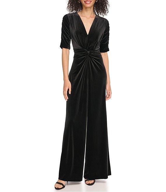 Vince Camuto Short Sleeve V-Neck Velvet Twist Wide Leg Jumpsuit Product Image