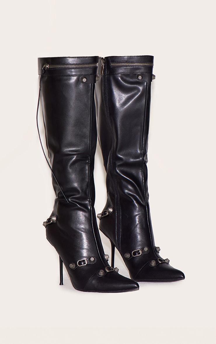 Black PU Zip Detail Point Toe High Heeled Knee Boots Product Image
