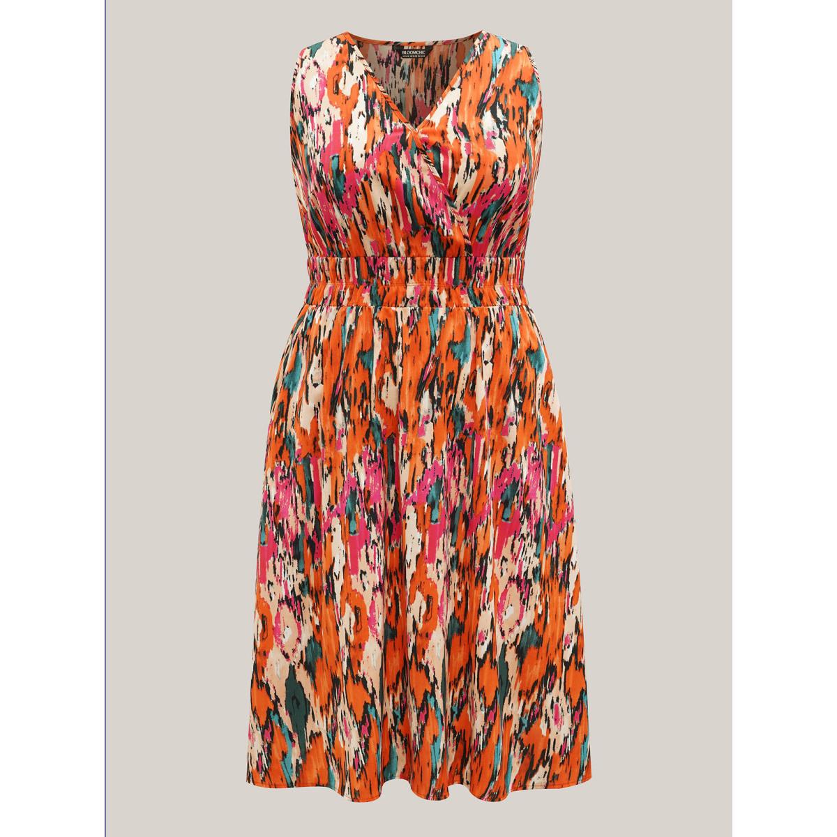 Plus Size Spring Fling Shirred Waist Pockets Midi Dress OrangeRed Women Overlap Collar Sleeveless Curvy BloomChic 30/6X Product Image