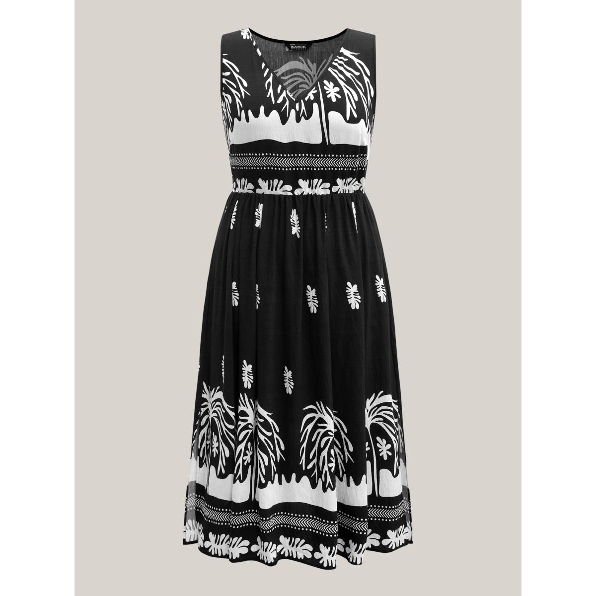 Plus Size Tropical Breeze Print Pockets Midi Dress Black Women V-neck Sleeveless Curvy BloomChic 22-24/3X Product Image