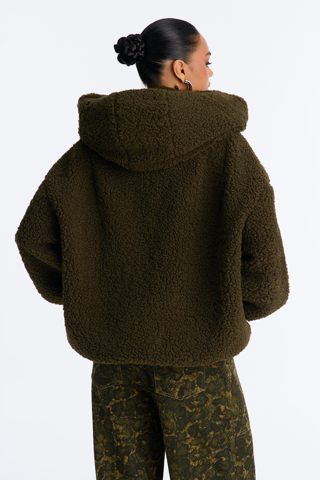 Snuggle Up Hooded Sherpa Coat - Olive Female Product Image