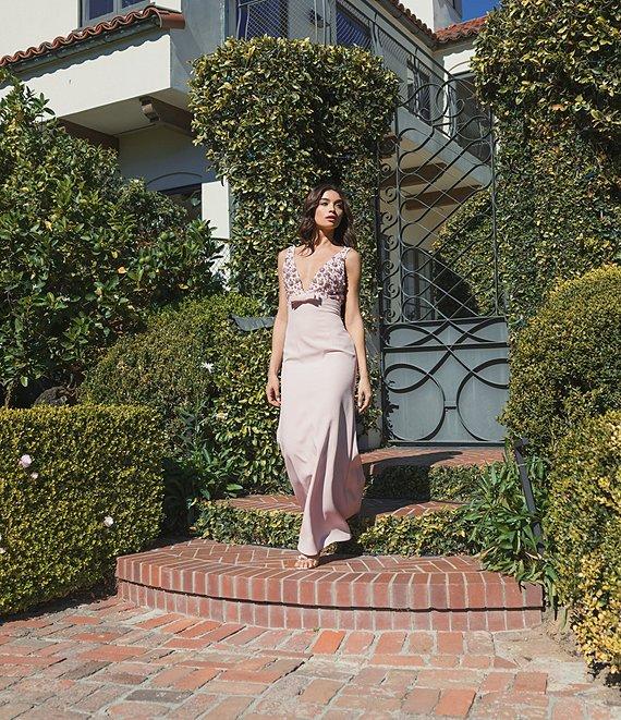 Mac Duggal V-Neck Beaded Bodice Crepe Aline Gown Product Image