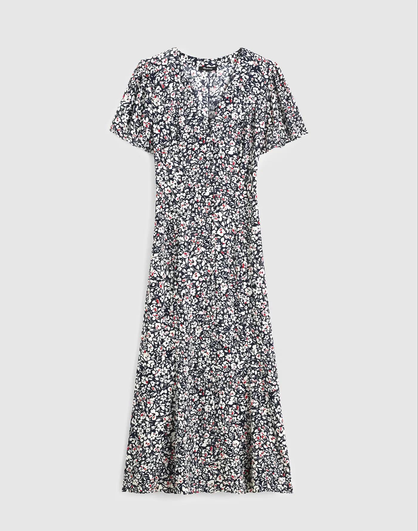 Button-Front Flutter-Sleeve Midi Dress in Floral Product Image