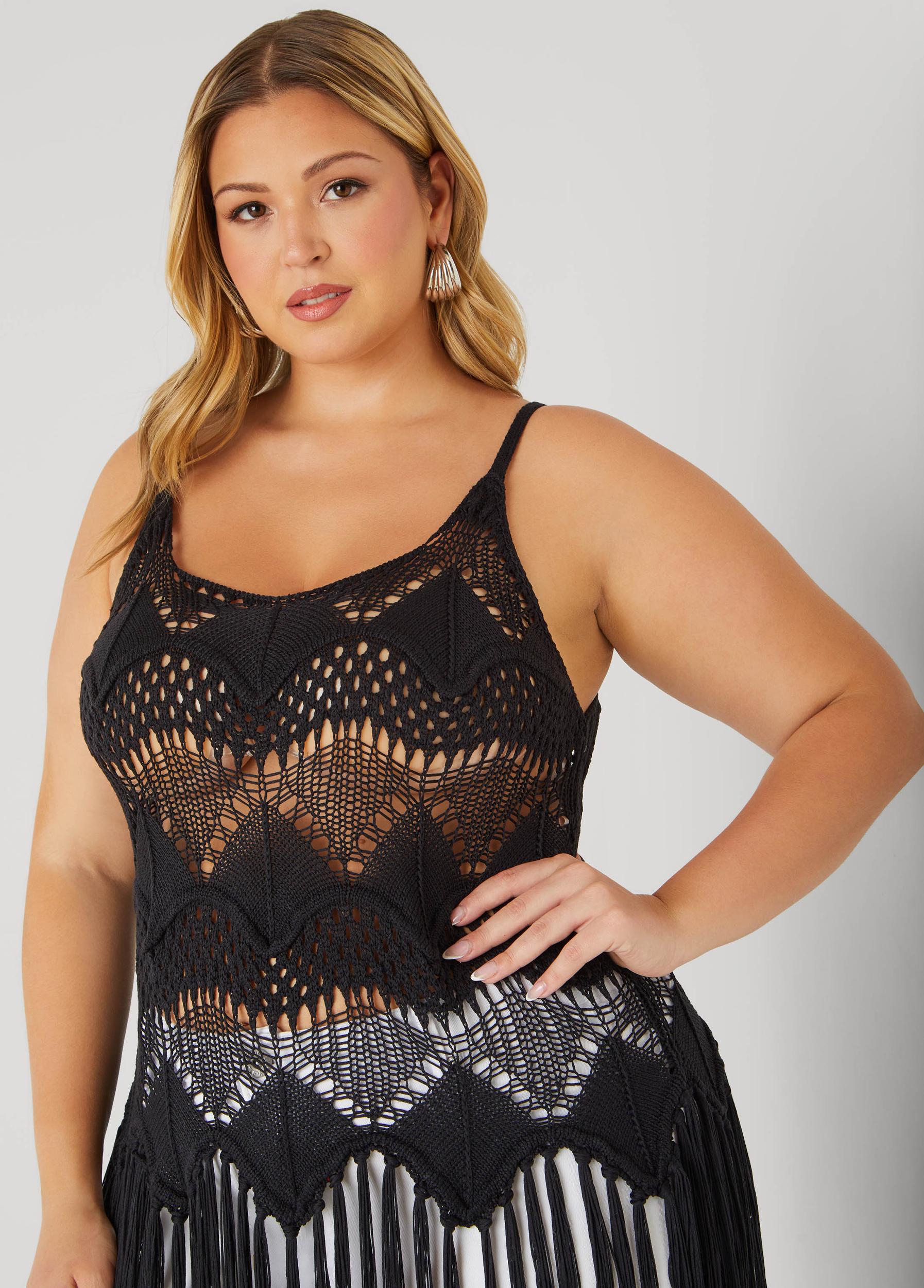 Plus Size Fringed Crochet Sweater Ashley Stewart Product Image