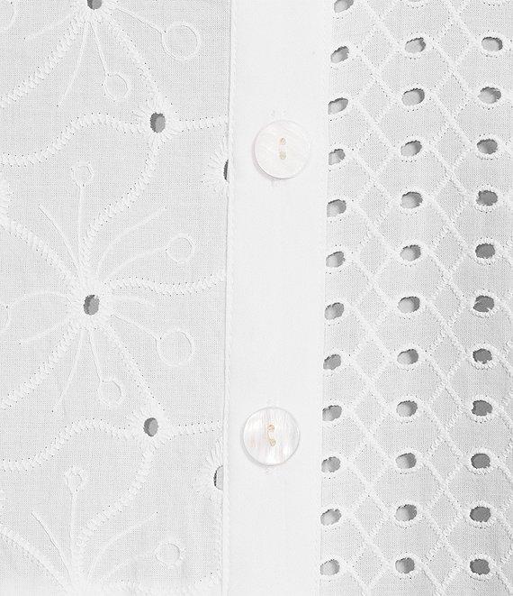 John Mark Allover Embroidered Eyelet Wire Neck Long Roll-Tab Sleeve Button Front Blouse Product Image