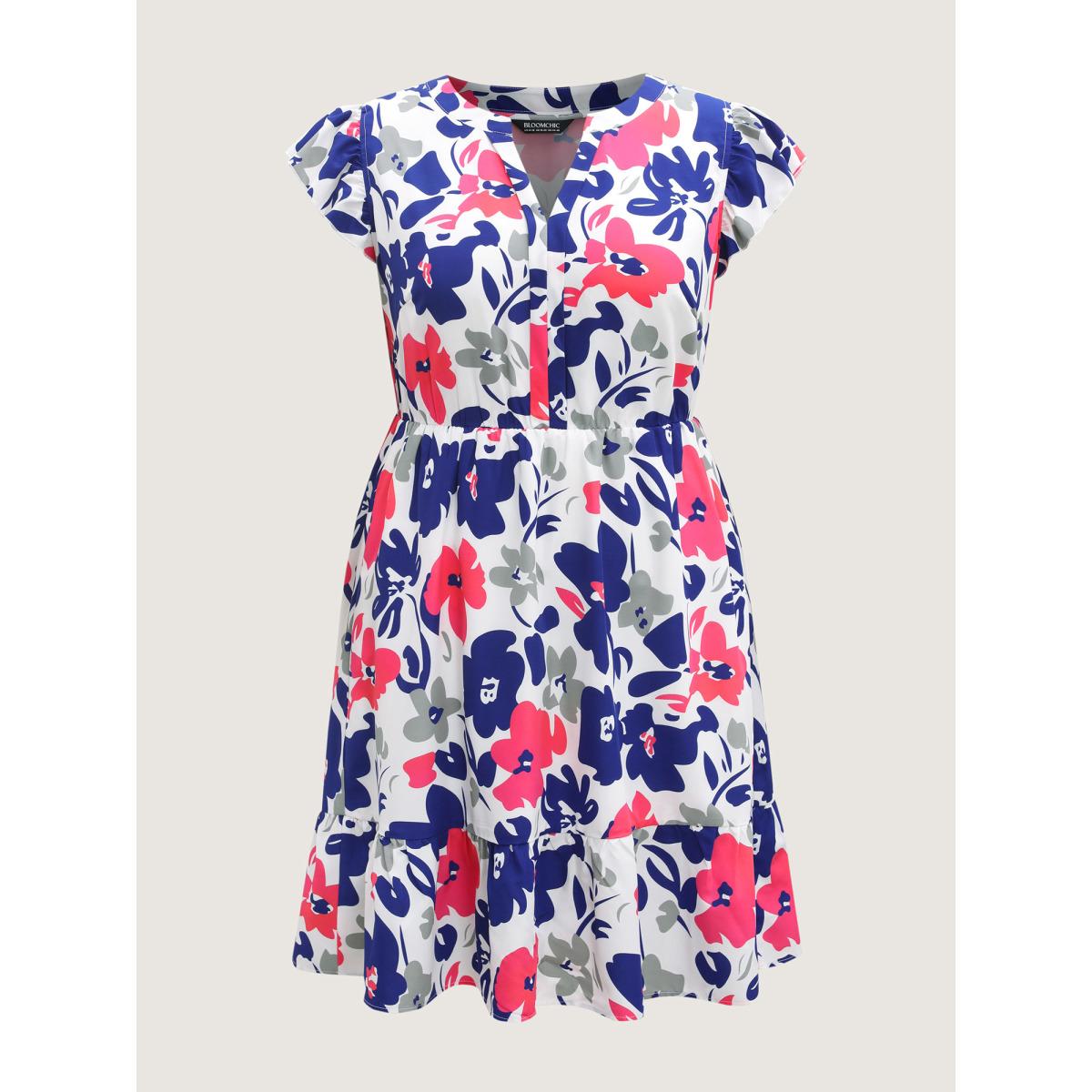 Plus Size Color Block Floral Print Notched Midi Dress Navy Women Romantic Flat collar with V-notch Cap Sleeve Curvy BloomChic 26/4X Product Image