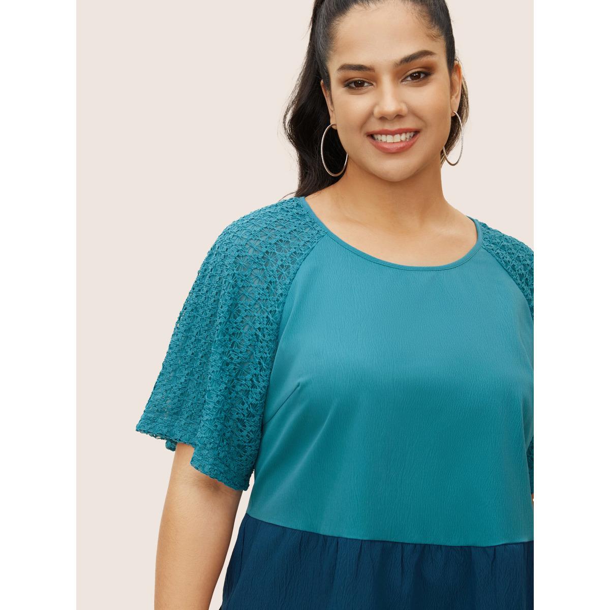 Plus Size Cerulean Colorblock Contrast Lace Panel Raglan Sleeve Blouse Women Casual Short sleeve Round Neck Everyday Blouses BloomChic 26/4X Product Image