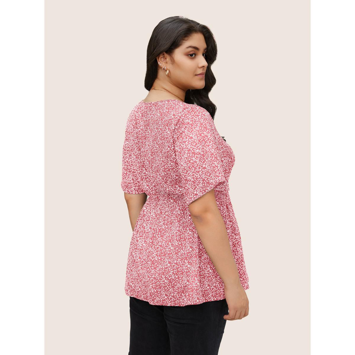 Plus Size Rouge Ditsy Floral Shirred Ruffle Sleeve Elastic Waist Blouse Women Elegant Short sleeve V-neck Everyday Blouses BloomChic 10/M Product Image